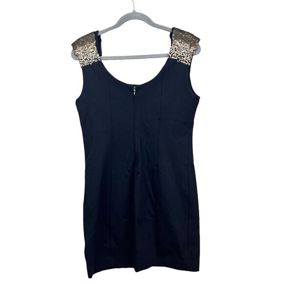 Guess Womens Mini Dress Gold Sequin Shoulders Stretch Back Zip Black Sz L - Picture 3 of 6